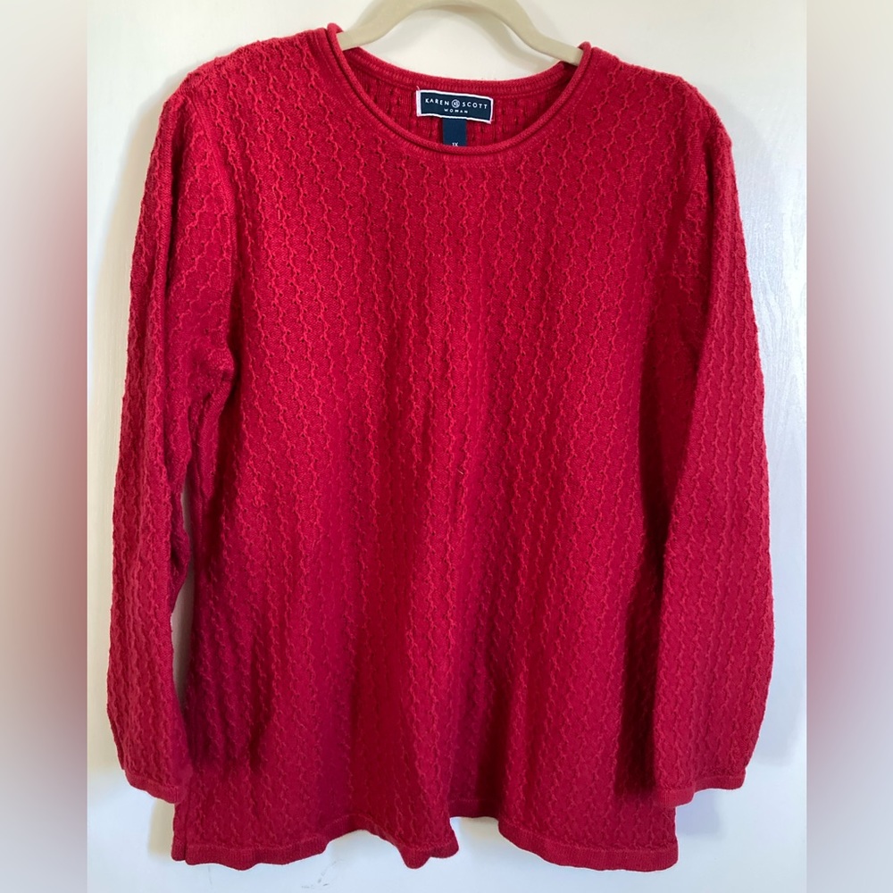 *Karen Scott Red Raised Curvy Knit Size 1X Long Sleeve Sweater A207